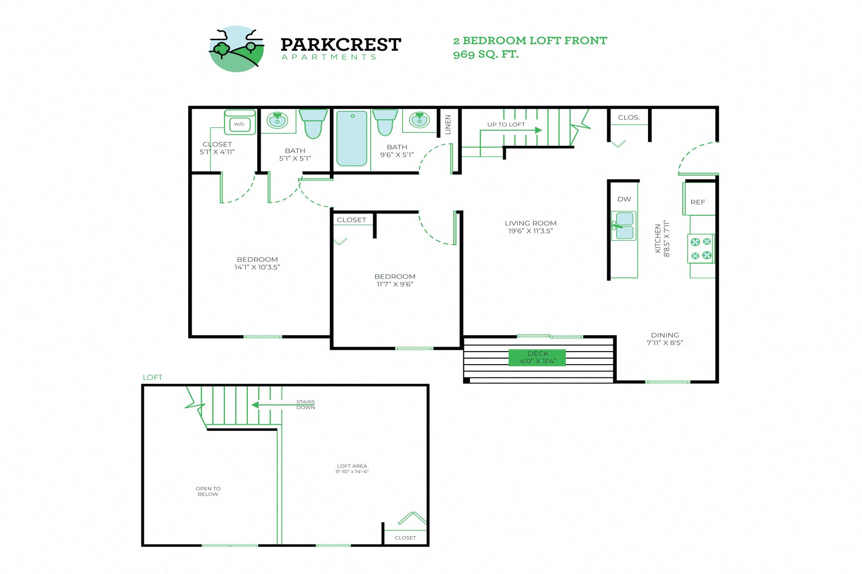 Floor plan for 2 beds, 1.5 baths, 969 sqft